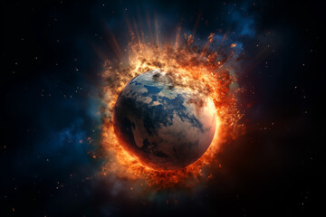 Earth in burns as Global catastrophe, Hell. War on Earth as Climate Change. Planet Earth in space with explosions. Warming and fire on Earth, Death. Earth in burns as Global catastrophe, Hell.