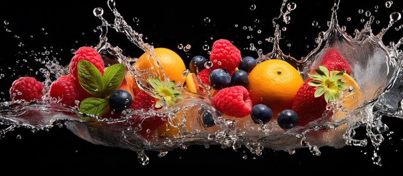 Macro view assorted fresh fruits with splashing water isolated on dark background. AI generated image