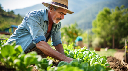 Senior male farmer cultivating cabbage - obrazy, fototapety, plakaty