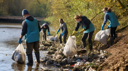 Cleanup work along the river photo of people cleaning up trash