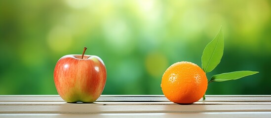 Orange and apple fruits on the wooden table isolated on natural blurred background