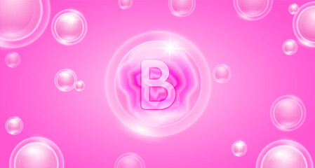 Pink vitamin B floating in the air. Vitamins minerals complex and collagen serum. For cosmetic banner or beauty skin care nutrition design. Essential supplement to the health body. 3D vector.