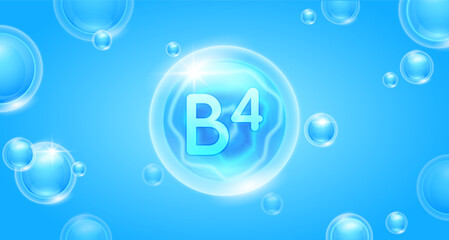 Blue vitamin B4 floating in the air. Vitamins minerals complex and collagen serum. For cosmetic banner or beauty skin care nutrition design. Essential supplement to the health body. 3D vector.