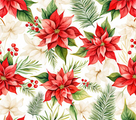 Watercolor Poinsettia Flowers Pattern Background for Christmas Decoration and Wrapping Paper