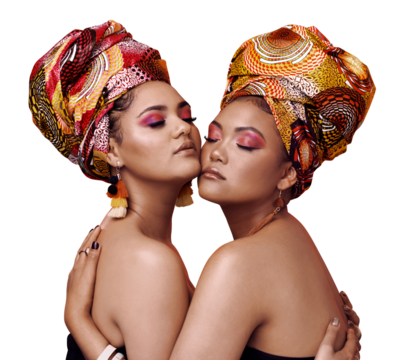 Hug, friends and women with beauty, skincare and confident people isolated on transparent background. Girls, png and models with African head scarf, jewelry or makeup with joy, embrace or traditional