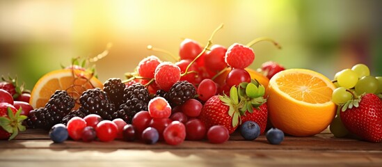 Fresh fruits and berries assorted nutrition isolated natural burred background.
