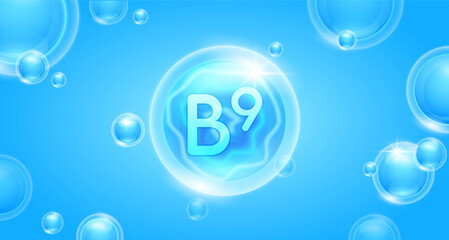 Blue vitamin B9 floating in the air. Vitamins minerals complex and collagen serum. For cosmetic banner or beauty skin care nutrition design. Essential supplement to the health body. 3D vector.