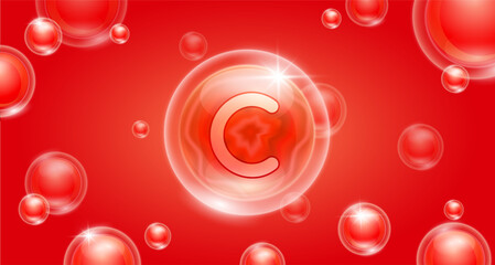 Red vitamin C floating in the air. Vitamins minerals complex and collagen serum. For cosmetic banner or beauty skin care nutrition design. Essential supplement to the health body. 3D vector.