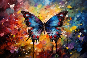 A painted butterfly in a dreamy, abstract world of colors and shapes.