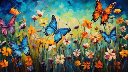 Vibrant painted butterflies fluttering among wildflowers.