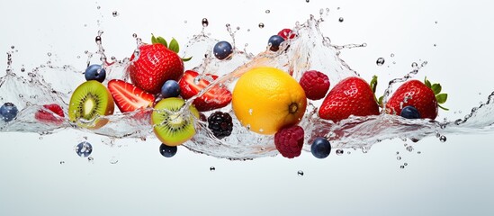 Closeup assorted fresh fruits with splashing water isolated on white background. AI generated image