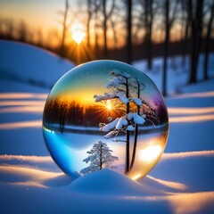 Glass sphere with winter landscape and sunset. AI