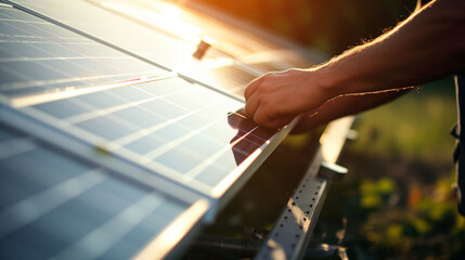 Image of an employee checking on solar panels - obrazy, fototapety, plakaty