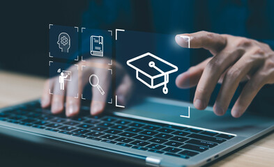 e-learning icon on a virtual screen in a laptop, library on the internet website. concept learning, course education, training digital, and webinar technology. lesson learning e-book online