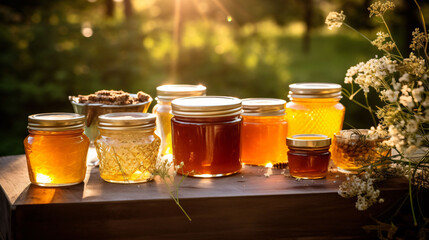 Jars of different varieties of honey on a tree trunk