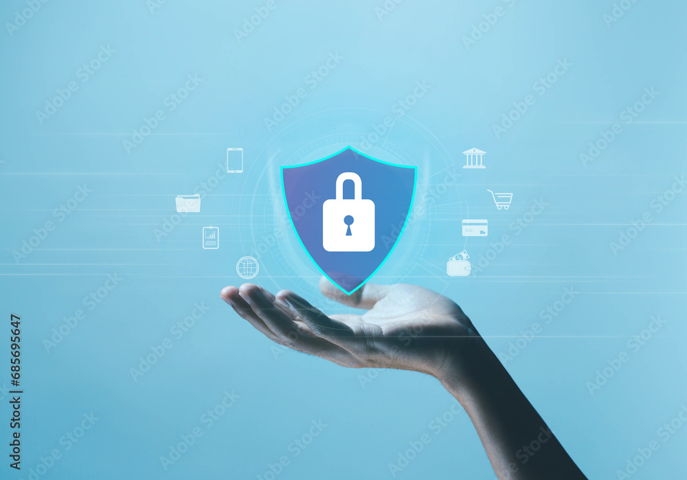 Poster lock mark secure data, from information technology digital, viruses cyber, protect attacks from a ha