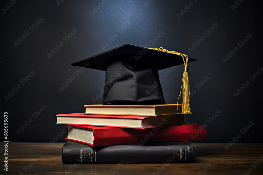 Wall mural graduation hat on top of books. black background