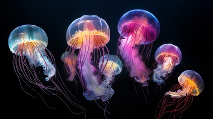 Colorful glowing jellyfish in the underwater ocean