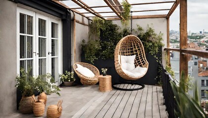 Cozy rooftop terrace with rattan hanging chair. - obrazy, fototapety, plakaty