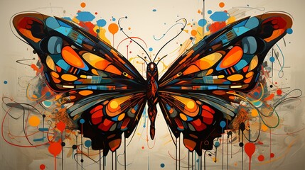 A painted butterfly in a world of abstract shapes.