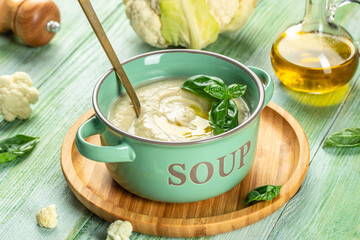 Cauliflower cream soup. Delicious balanced food concept. copy space for text. top view