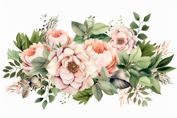 Watercolor floral border wreath with green leaves, pink peach blush and flower branches