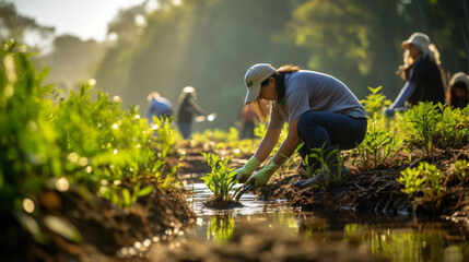 People planting plants next to a small creek