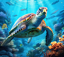 Obraz premium Sea Turtle surrounded by Coral Life underwater