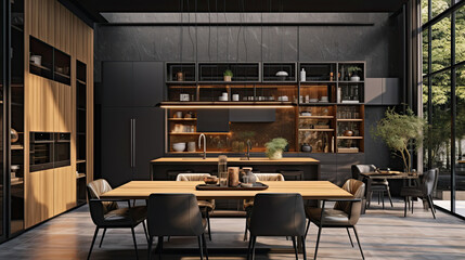 large dining room with black cabinets and walls. black kitchen dining room interior design 