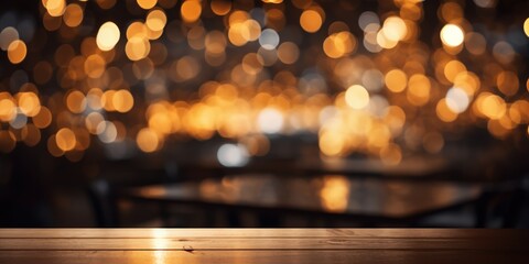 An empty table foregrounds a bokeh of warm, amber light. - obrazy, fototapety, plakaty