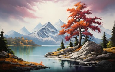Serene Mountain Landscape with Tree Painting