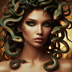 Portrait of Medusa. Mythological female Gorgon with pythons in her head.  - obrazy, fototapety, plakaty