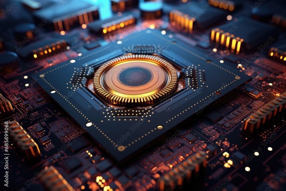 Poster futuristic computer circuit board with glowing lights