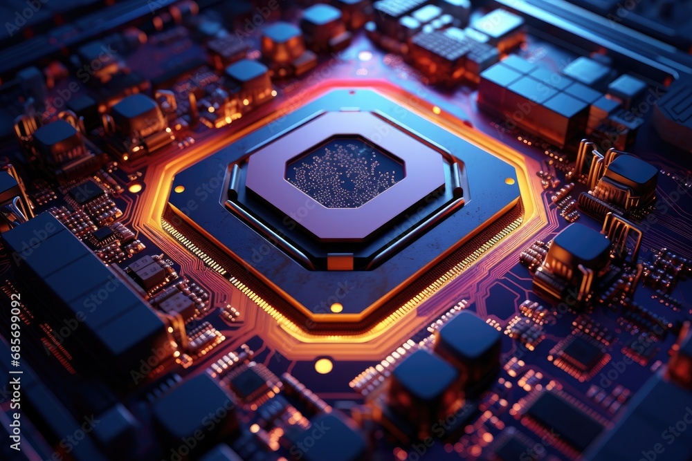 Poster futuristic computer circuit board with glowing lights