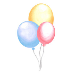 Watercolor composition of colorful balloons with ribbons. Template for greeting card. Hand drawn illustration for festive wrappers, invitation, birthday and holiday party decoration, making stickers