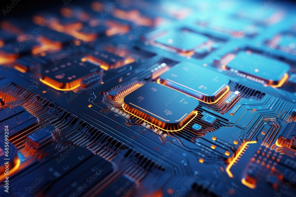Poster futuristic computer circuit board with glowing lights