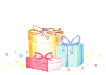 Watercolor holiday gift boxes with bows and confetti. Template greeting card. Hand drawn illustration for festive wrappers, invitation, birthday and holiday party decoration, making sticker and print