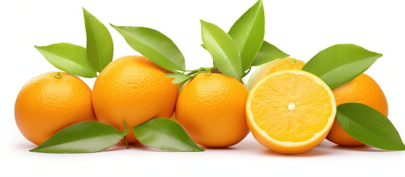 Fresh ripe orange fruit with leaves on a white background