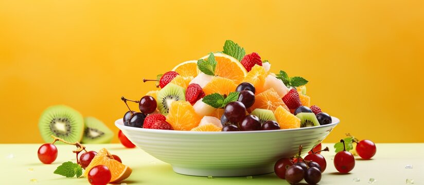 Tasty fruit salad in a bowl isolated copy space yellow background