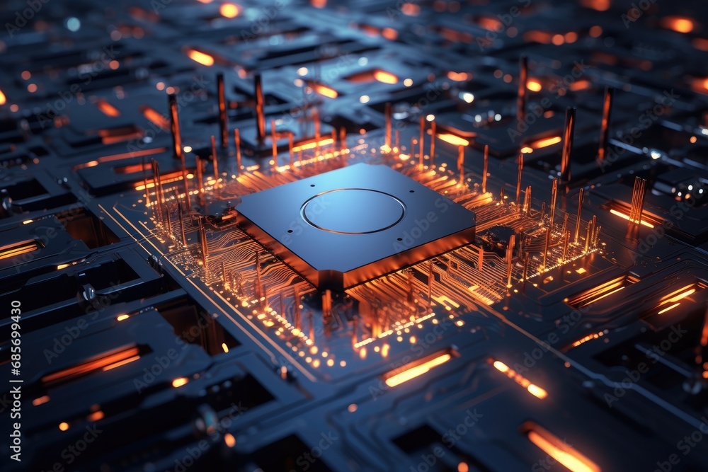 Poster futuristic computer circuit board with glowing lights
