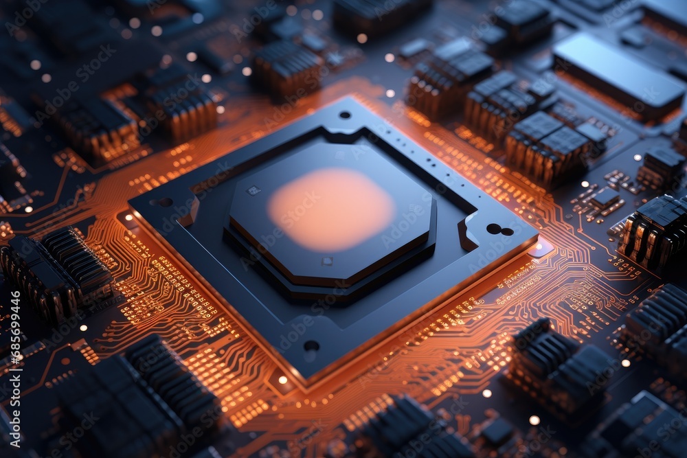 Poster futuristic computer circuit board with glowing lights