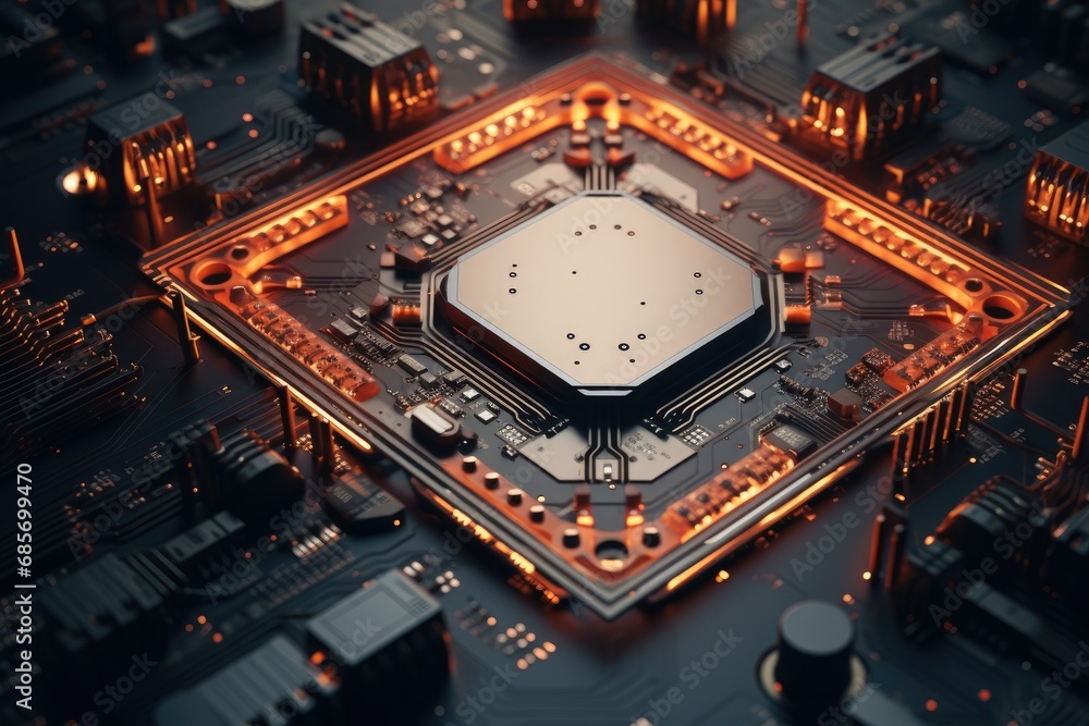 Poster futuristic computer circuit board with glowing lights