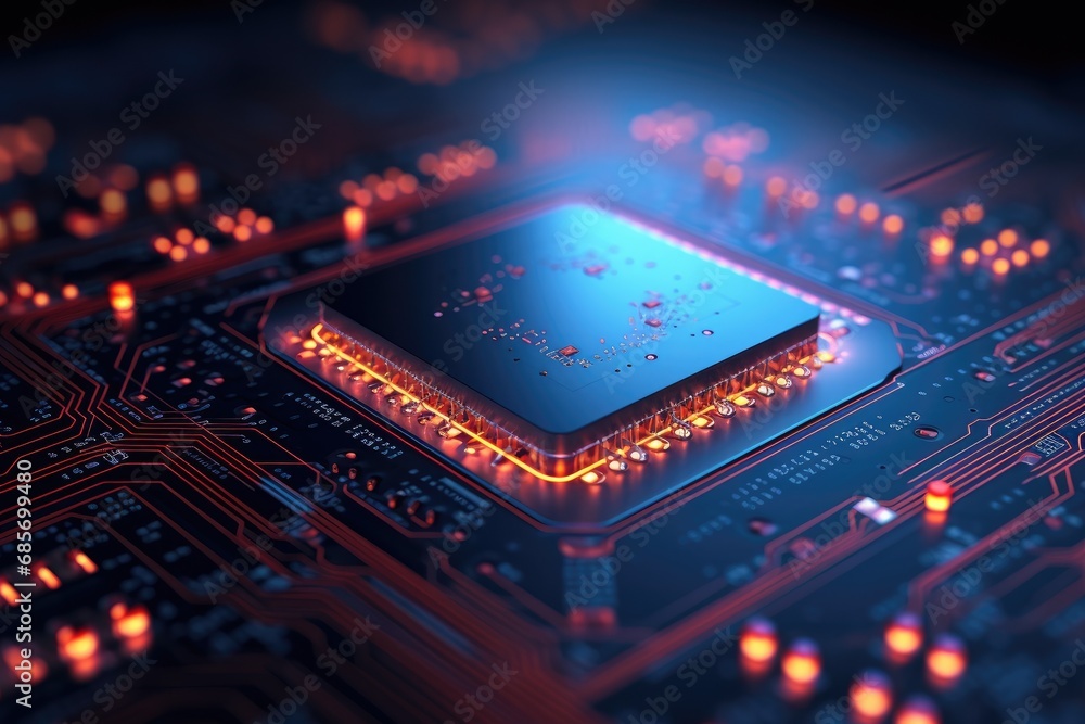 Poster futuristic computer circuit board with glowing lights