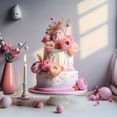 Pink Wedding or birthday cake decorated with roses