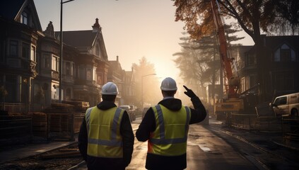 the two construction workers are pointing to a street with their construction vests