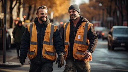 two construction workers walk down the road