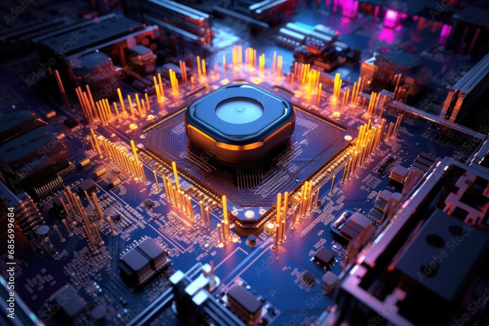 Poster futuristic computer circuit board with glowing lights