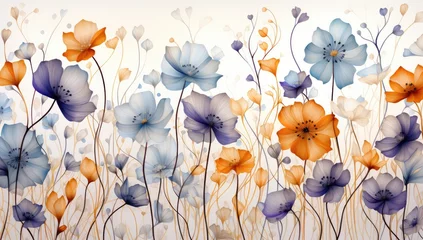 Fototapeten watercolor seamless pattern of small purple, orange and blue flowers © Photo And Art Panda