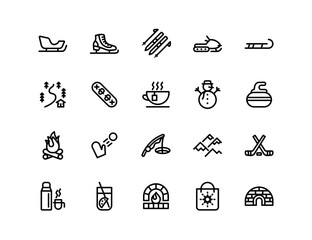 Winter activities and entertainment linear icons set with adjustable stroke weight. Set includes ice skating, skiing, curling, camping, fishing and other icons