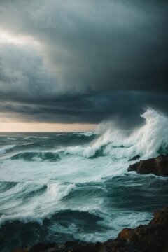 Storm, wind, strong waves, thick black clouds in the sea, ocean. Landscape, element, natural disaster, nature concepts. © liliyabatyrova